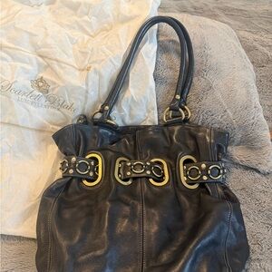 Scarlett Black Leather Shoulder Bag with Gold Buckle Accents